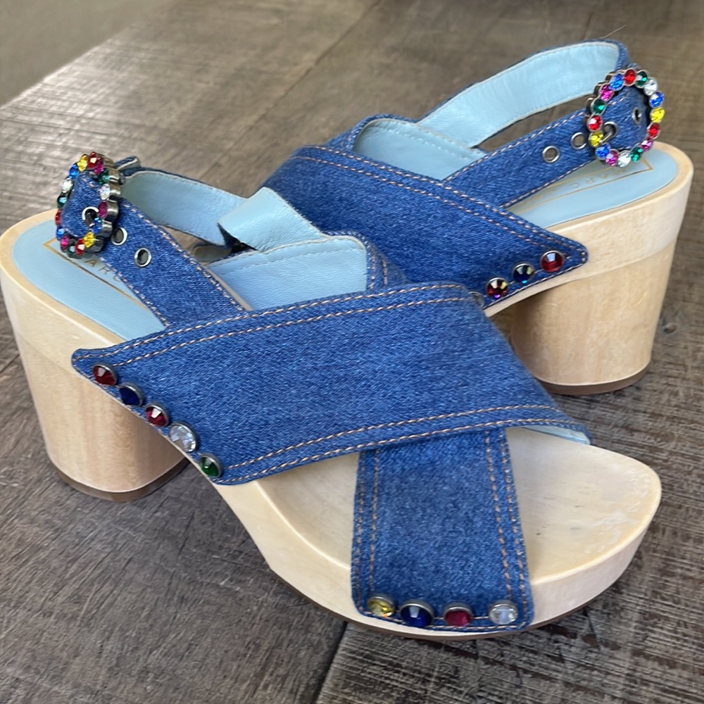MARC JACOBS LINDA EMBELLISHED DENIM HIGH HEEL PLATFORM SANDALS